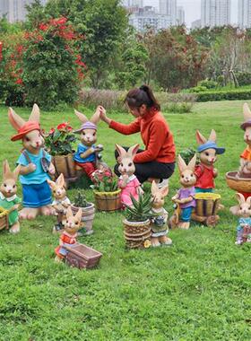 花园庭院卡通兔子花盆雕塑园林别墅露台幼儿园玻璃钢景观小品摆件