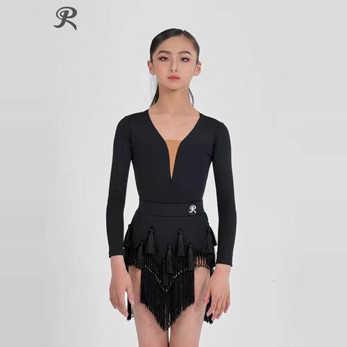 RDesign拉丁舞服长袖上衣珠管流苏包臀短裙套练习练功训练服黑色