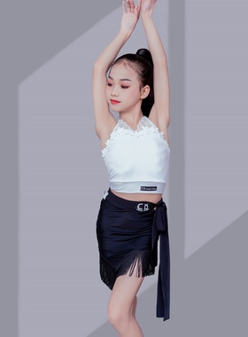 CD卡门拉丁舞服白色挂脖上衣包臀流苏短裙黑色表演练功练习训练服