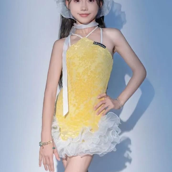 CD卡门拉丁舞服吊带连衣裙植绒网纱蓬蓬裙练习练功训练服黄色玫红
