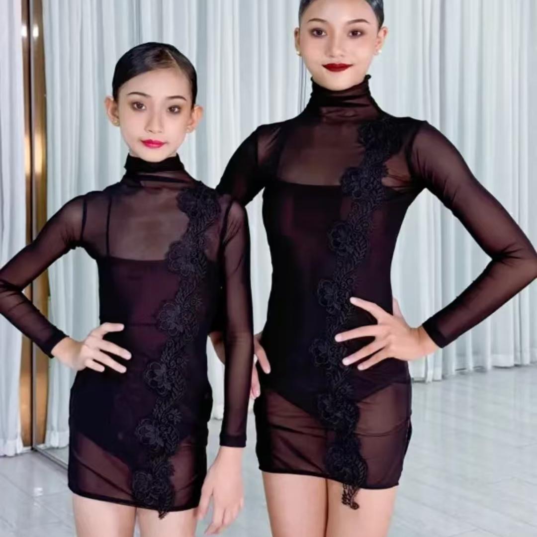 CD卡门拉丁舞服网纱长袖连衣裙两件套黑色练习练功训练服