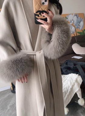 双面羊绒秋冬季灰色呢子大衣女高级感中长款可拆卸毛领外套小个子