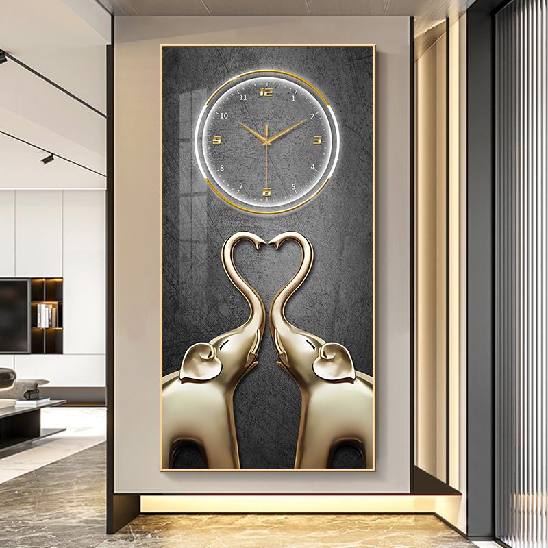 入户玄关钟表挂钟客厅家用时尚过道走廊大象装饰画静音时钟表挂墙图片
