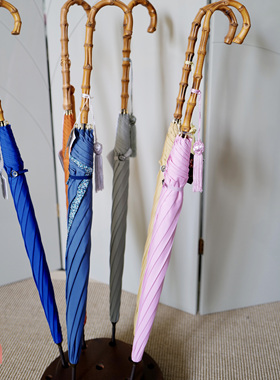 现货 英国制Fox Umbrellas 简约复古蓝色竹节流苏雨伞/遮阳伞礼品