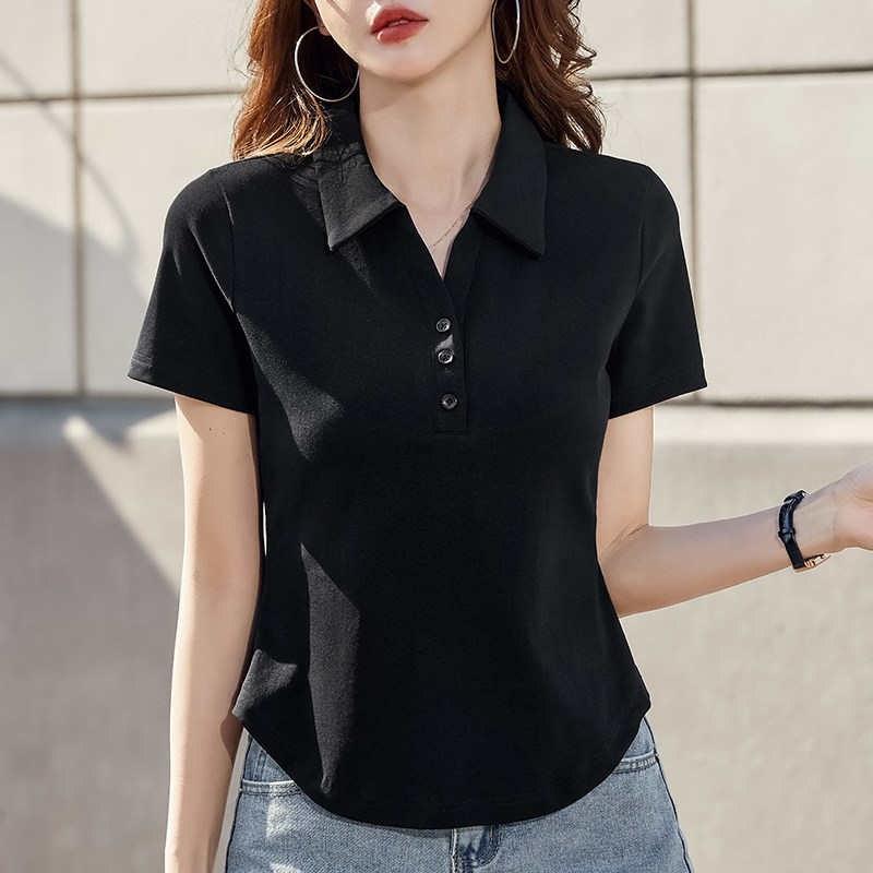 POLO领钮扣拼接短袖T恤女2026夏季新款宽松显瘦休闲百搭黑色上衣