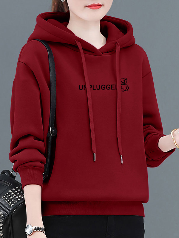 小个子酒红色女装加绒连帽卫衣秋冬新款中年妈妈宽松短款加厚上衣