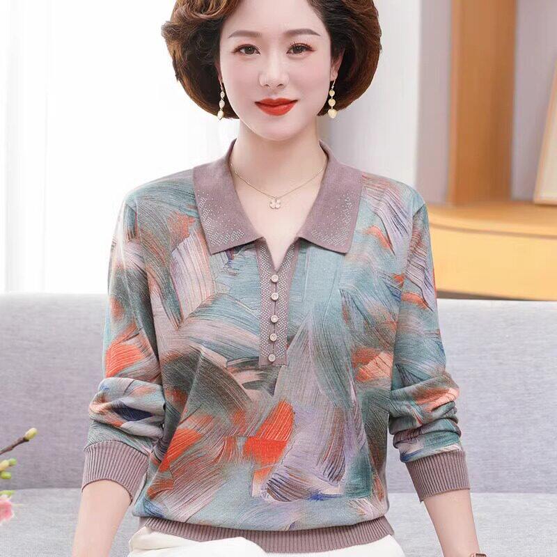 气质优雅妈妈装印花长袖T恤2026春秋新款简约百搭宽松翻领薄上衣