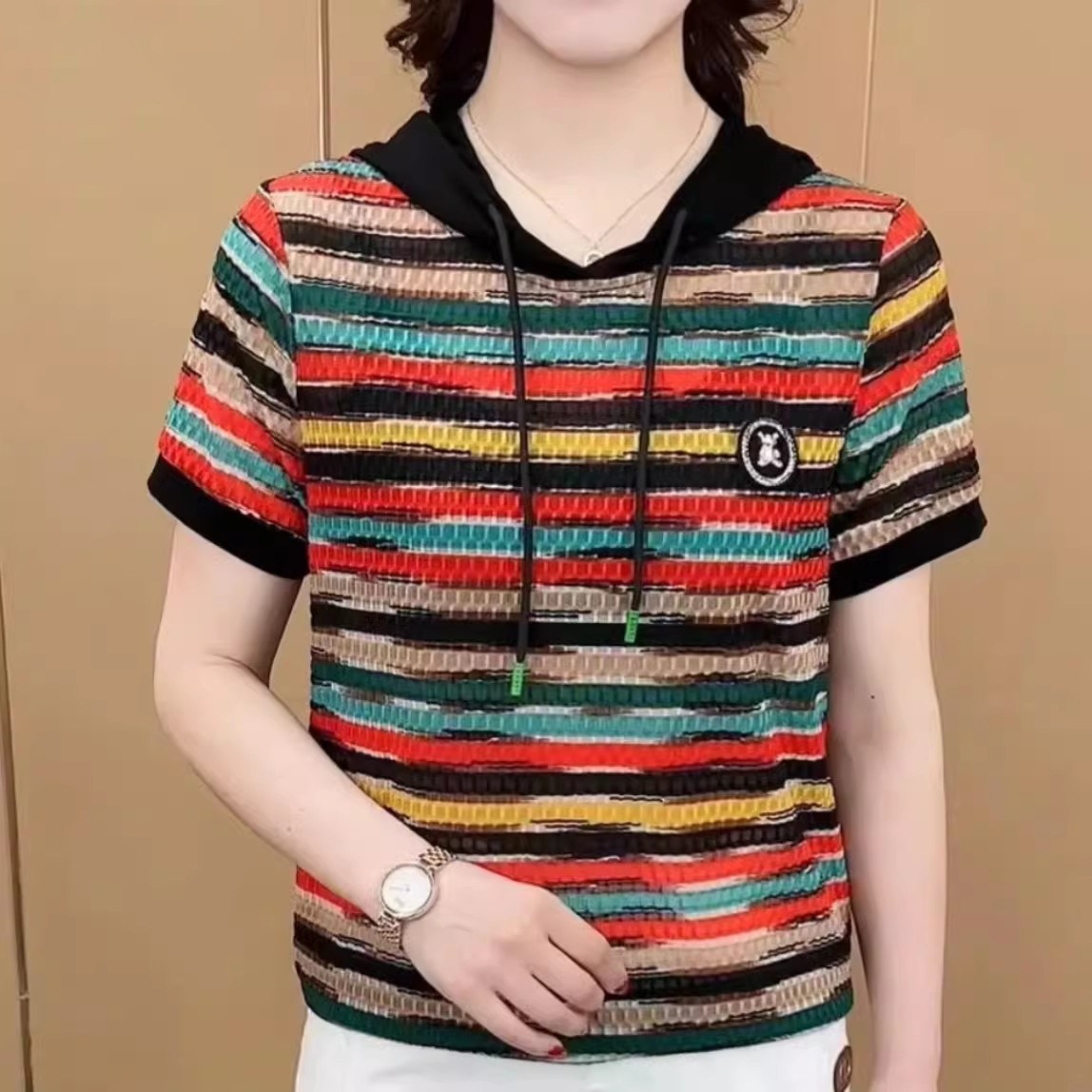 2026新款夏季胖mm洋派七彩条纹连帽短袖t恤大尺码女装连帽半袖上
