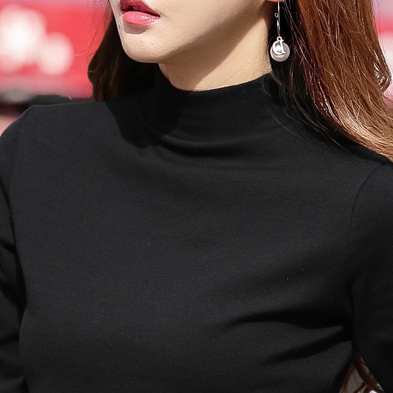 黑色半高领打底衫女士纯棉内搭中领长袖t恤2025新款秋冬洋气秋衣