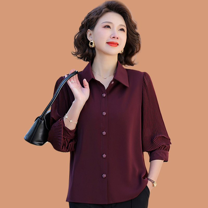 优雅减龄妈妈装纯色翻领长袖衬衫女2026春秋新款宽松百搭休闲上衣