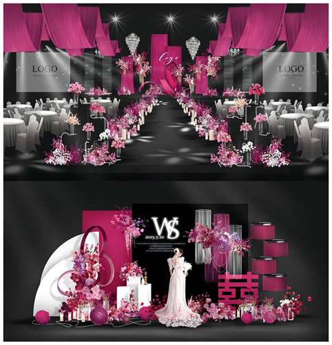 玫红色黑色秀场风弧形舞台迎宾婚礼效果图psd分层效果图