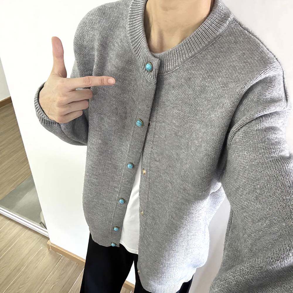 老钱风男装灰色开衫毛衣秋季美式复古慵懒风高级感绿松石针织外套