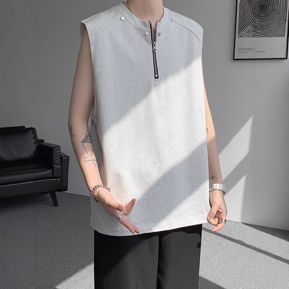半拉链铆钉无袖t恤男夏季潮牌美式高街衣服宽松重磅运动坎肩背心