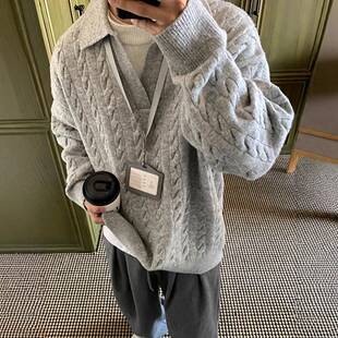 灰色假两件不起球毛衣男款冬季慵懒高级感韩系穿搭v领内搭针织衫