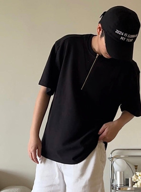 Double99美式街头夏季新款半拉链华夫格纯色短袖T恤260g宽松上衣