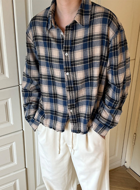 Double99美式复古街头风做旧格子毛边短款boxyfit宽松长袖衬衫
