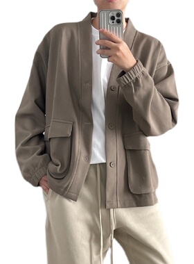 Double99复古潮流男女秋款纯色休闲华夫格无领夹克长袖开衫外套