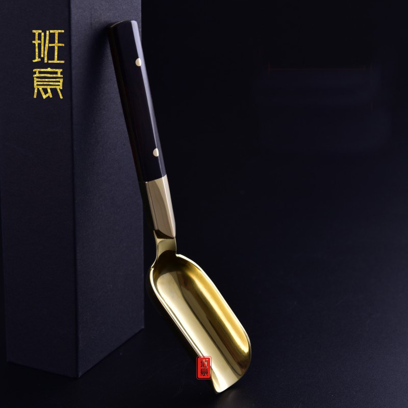 班意 铜茶铲茶勺 黑檀木实木分茶匙 茶叶铲勺 铜茶具配件包邮