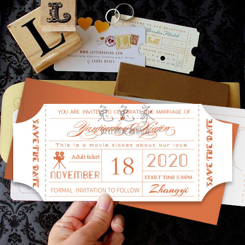 创意欧式电影票入场券照片音乐票复古结婚婚礼定制请柬喜帖邀请函