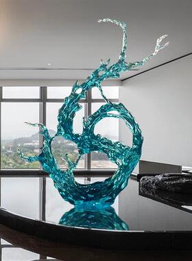 酒店大堂轻奢透明浪花树脂摆件样品屋展示中心样板间落地雕塑软装