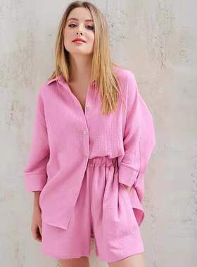 2021 autumn new women's shirt + shorts solid color two-p