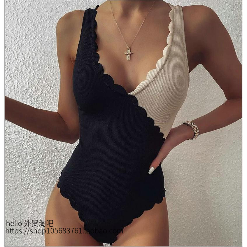 European and American wavy sexy V-neck stitching bodysuit