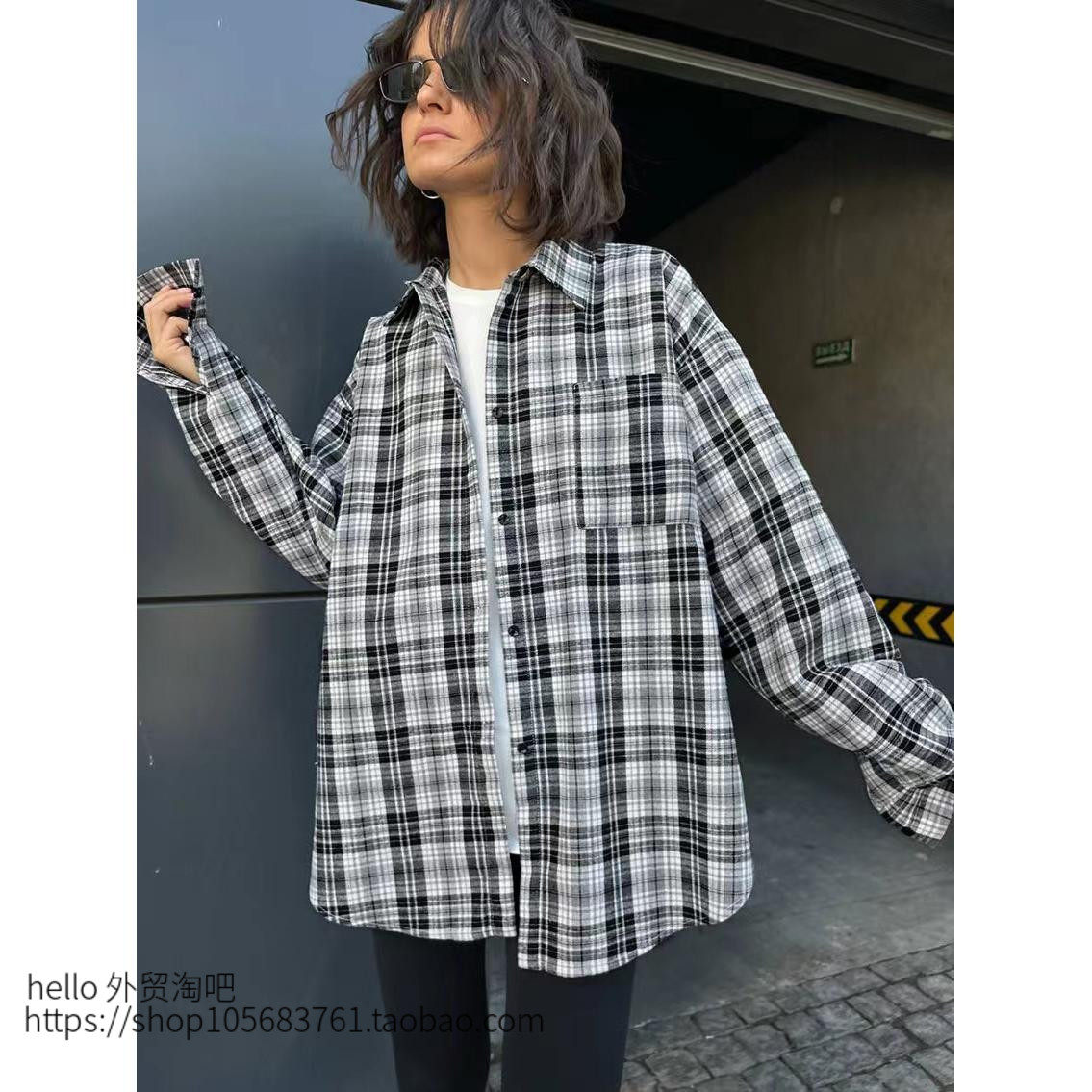 欧美新款休闲格子衬衫口袋翻领长袖上衣Pocket lapel plaid shirt