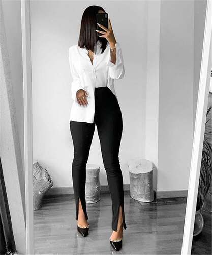 Trousers Casual Women Solid Color Red Black Slit Flare Pants