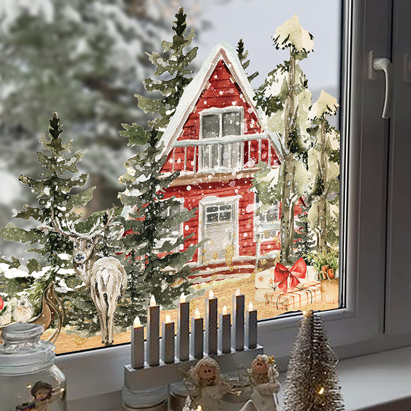 复古圣诞林中小屋窗户装饰