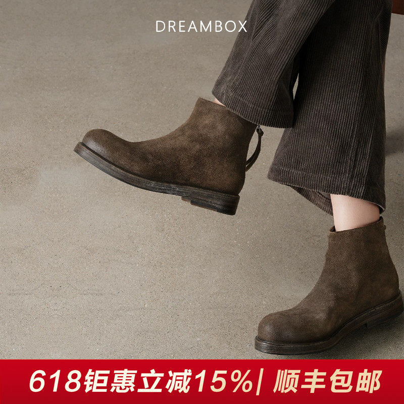 DREAMBOX钧博短靴石洗马皮切尔西靴极简风中帮女靴气质百搭皮靴