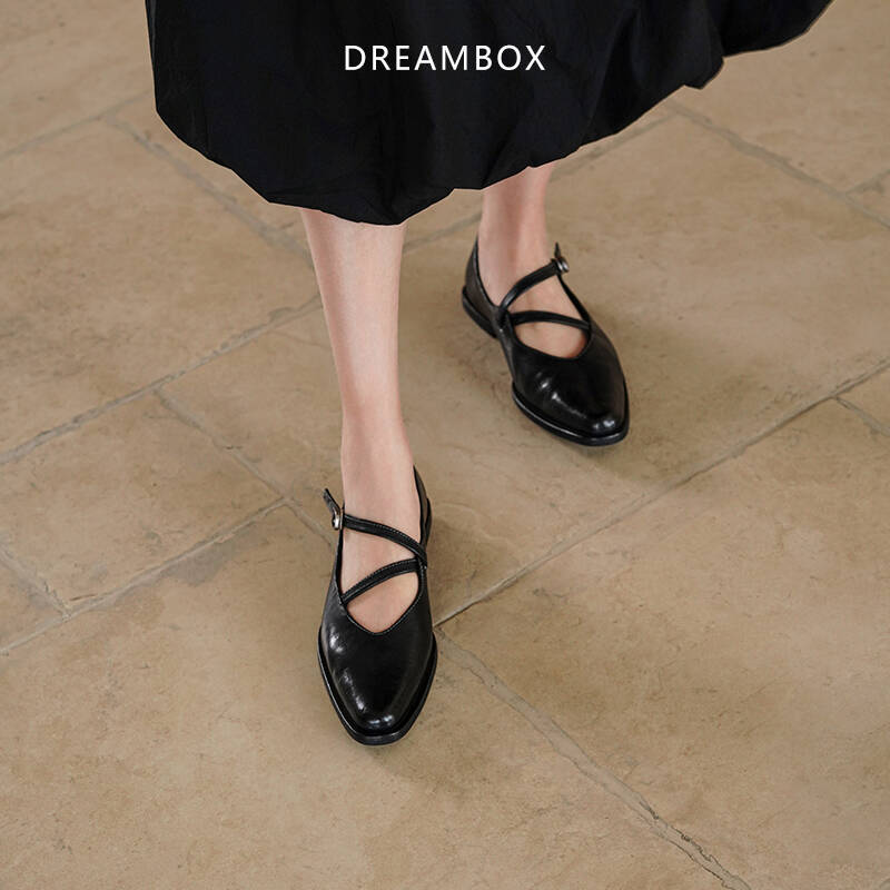 dreambox钧博水洗马皮尖头玛丽珍鞋时尚气质软底交叉扣法式小单鞋