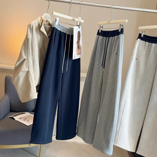 加绒加厚高腰显瘦阔腿弯刀裤女冬款百搭时尚撞色抽绳镰刀休闲卫裤