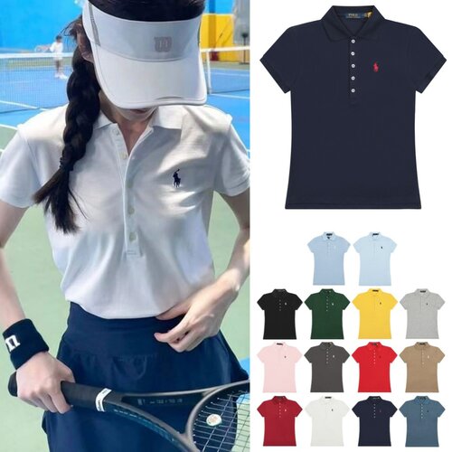 rl拉夫小马刺绣翻领五粒扣女t恤运动纯棉上衣衬衫领3D气质通勤