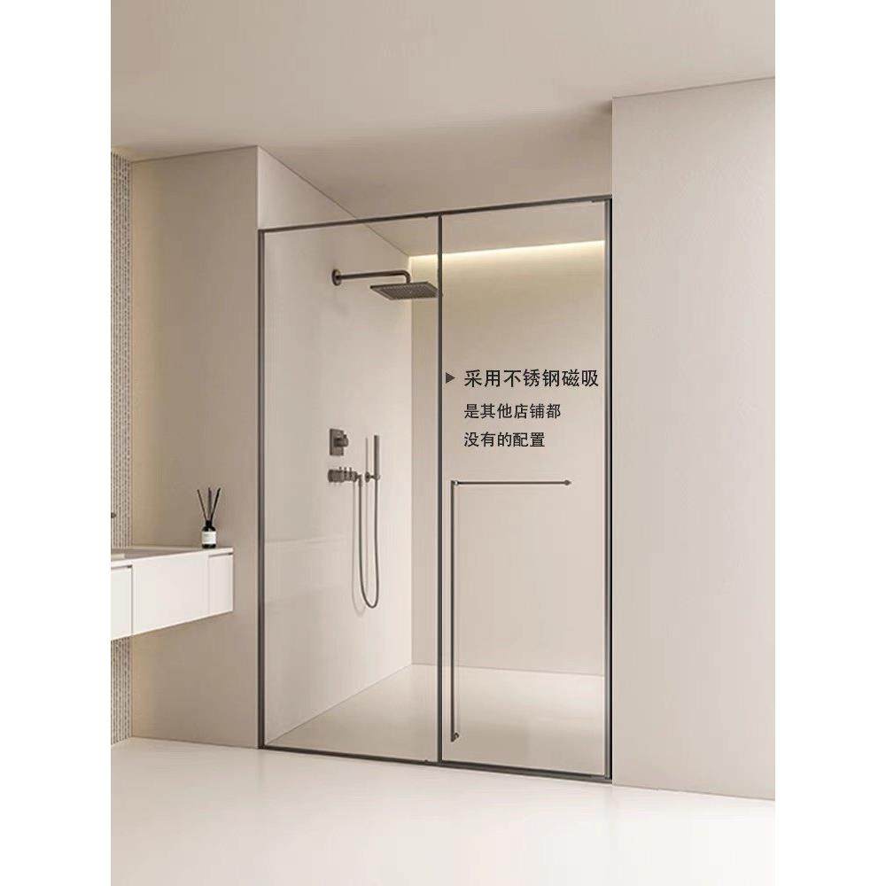 极简淋浴房玻璃平开门一字型卫生间干湿分离隔断窄边框下沉式浴屏