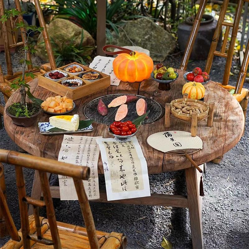 围炉煮茶桌子烤火炉套装一体全套户外庭院花园实木火锅烧烤桌椅
