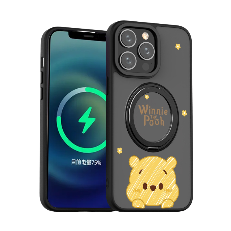 适用于iPhone16e创意卡通magesafe磁吸手机壳15plus自带支架13防摔11支点保护套14max维尼熊12
