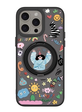 适用于iPhone16e磁吸手机壳12max可爱15pro自带旋转支架13防摔11保护套14plus涂鸦少女创意卡通支点壳17air