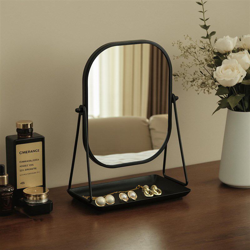 台式桌面梳妆镜带托盘储物收纳盒可折叠化妆镜家用卧室少女心镜子