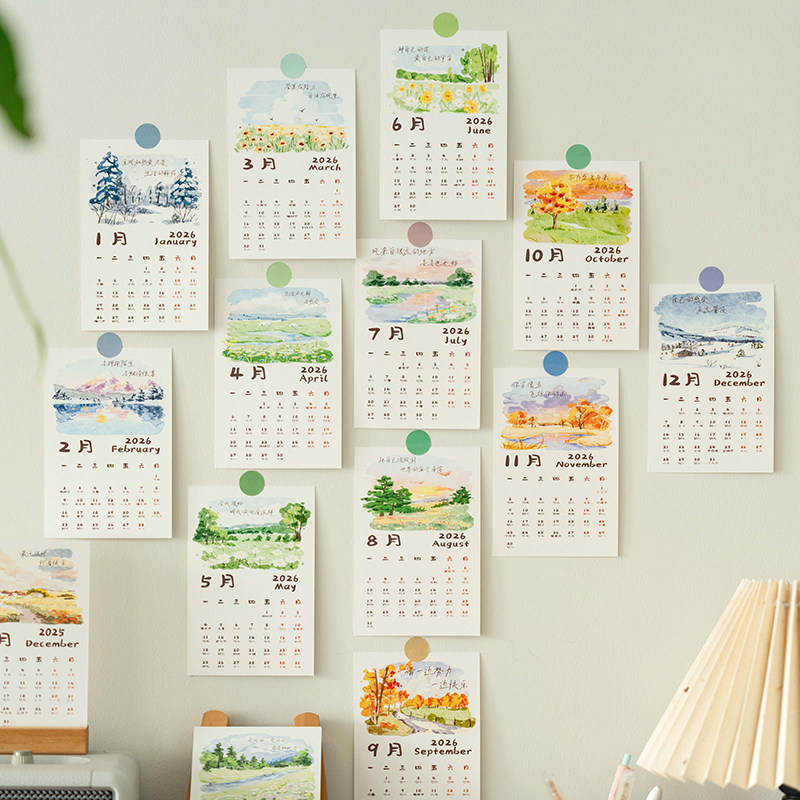 送贴纸2026日历卡片明信片墙贴小清新风景墙面装饰卡片宿舍墙贴