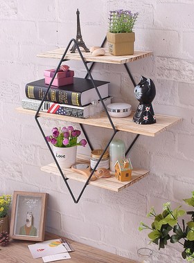 Rhombus wrought iron wooden wall shelf racks Vintage solid w
