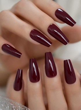 24pcs/set Glossy Dark Wine Red Press on Ballet False Nails