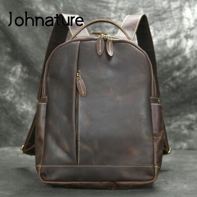 Johnature Crazy Horse Leather Men Backpack 2020 New Vintage