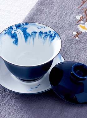 Handpainted Big Bowl Gaiwan Blue Lotus Tea Tureen Jingdezhen