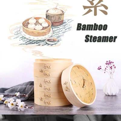 2 Tiers Natural Bamboo Dumpling Steamer Basket Bao Bun Steam