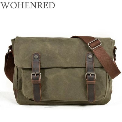 Military Vintage Canvas Leather Crossbody Bag Men Shoulder