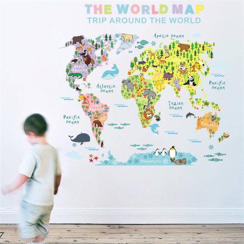 1PCS Color World Animal Map Wall er  Kids Living Room Bedroo