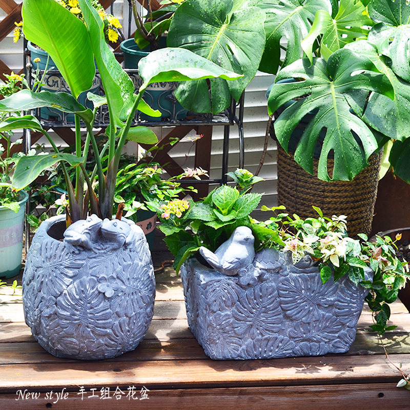 水泥色方形圆花盆家居装饰绿植