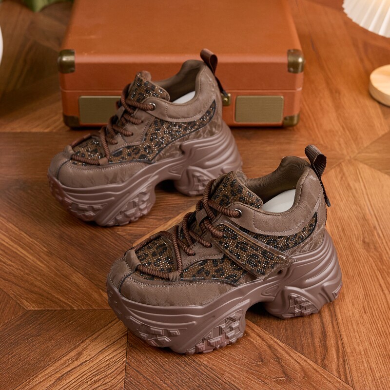 商场捡漏真皮厚底老爹鞋女2024秋冬百搭豹纹休闲鞋10cm增高运动鞋,女鞋,老爹鞋,淘宝优惠券,粉丝福利购,淘宝优惠卷