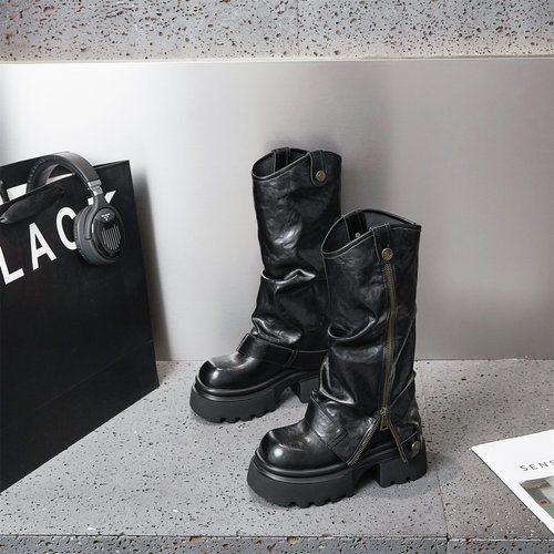 内增高粗跟套筒堆堆靴长筒裤管靴