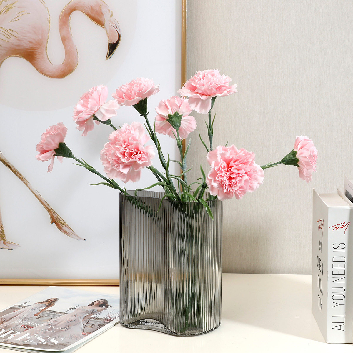手感保湿仿真花康乃馨室内餐桌装饰假花绢花拍摄道具花艺